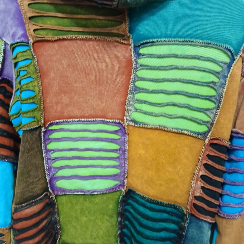 Patchwork Hooded Sweatshirt Full Zip Pockets Retr… - image 7